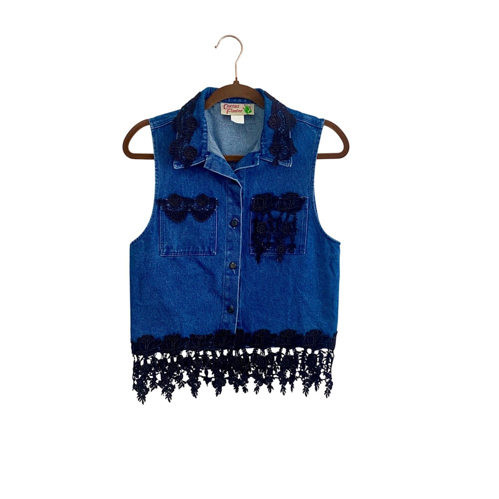 Vintage Cactus Flower Denim Vest S Small Lace Fringe‎ Western Boho Novelty USA